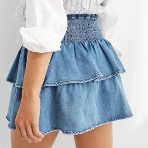 Aerie Tiered Chambray Ruffle Mini Skirt Blue Size L